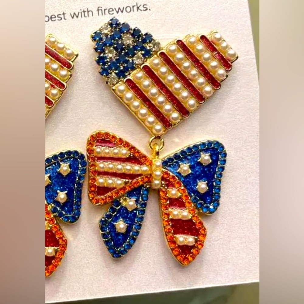 NWT Baublebar Stars and Stripes Pierced Faux Pearl Diamond Saphire Earrings